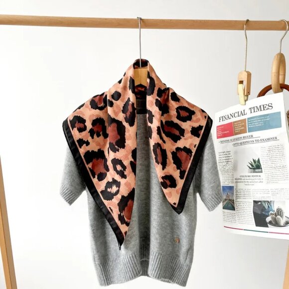 2/$30 Leopard Print Velvet Silky Scarf Square Brown Black Neck Handbag Accessory - Picture 5 of 5